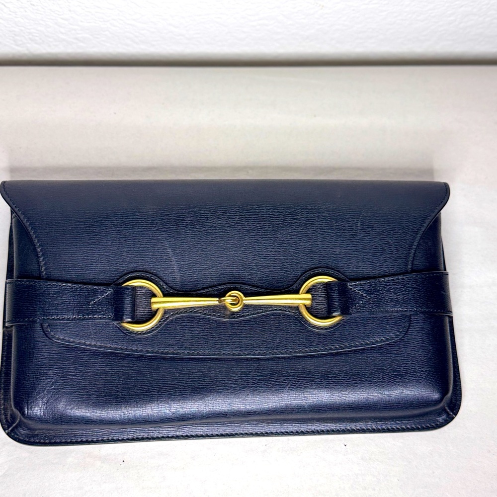 Gucci Black Leather Large Horsebit Clutch